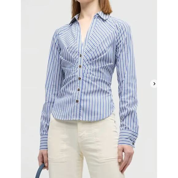 Veronica Beard Joelle Ruched Blue Striped Button Front Blouse Size 10 - Picture 1 of 10